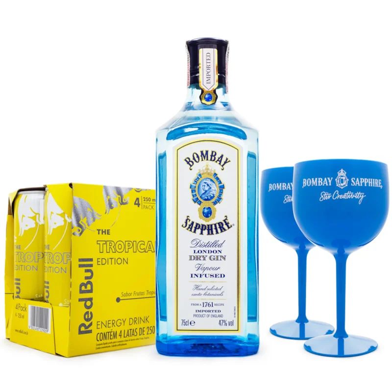 Combo Tropical Gin - 1 Bombay Sapphire 750ml + 4 Red Bull Tropical 250ml + 2 Taças Bombay