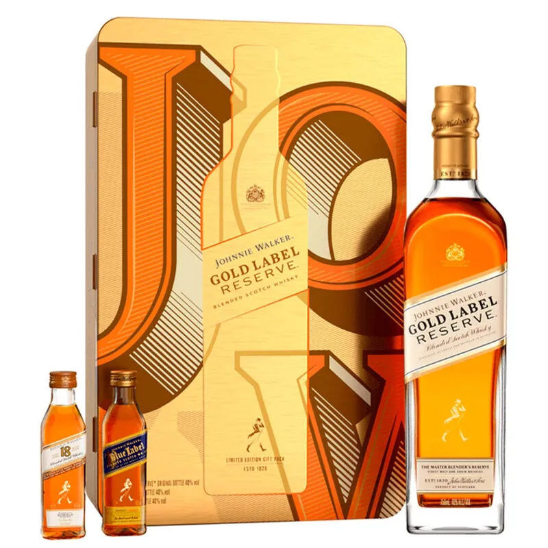 WHISKY GOLD LABEL 750 ML COM 1 MINIATURA BLUE LABEL E UMA MINIATURA 18 ANOS